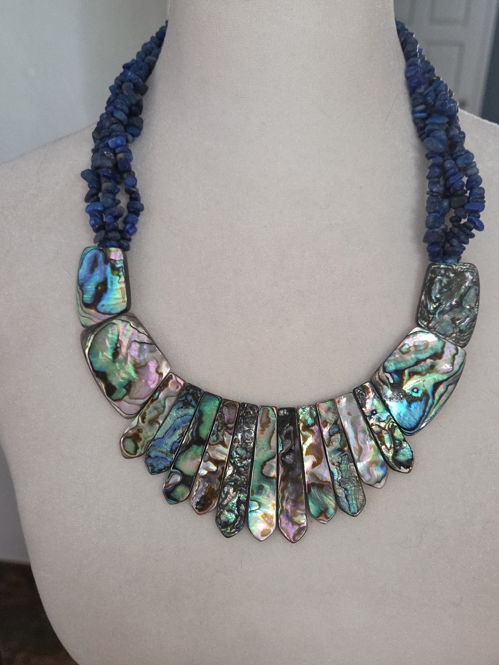 Abalone Statement Necklace with Blue Bead Strands